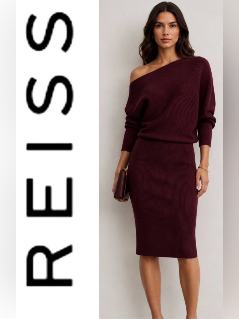 Reiss Lara Pomegranate Ribbed Off-Shoulder Knit Dress Size Small